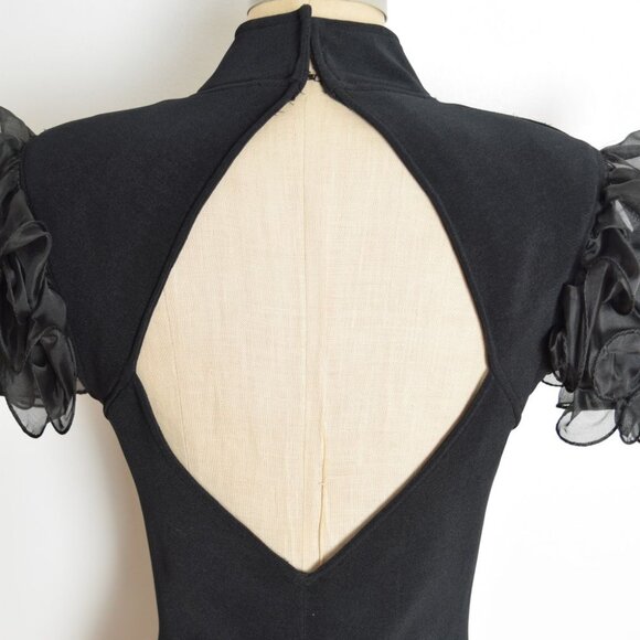 vintage 80s party dress black heart cutout backless party short prom ruffle M - Picture 10 of 11